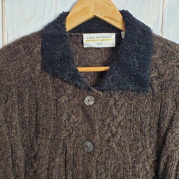 Vintage Y2K Lisa Nichols Cable Knit Wool Blend Button Up Brown Black Cardigan XL - Picture 2 of 9